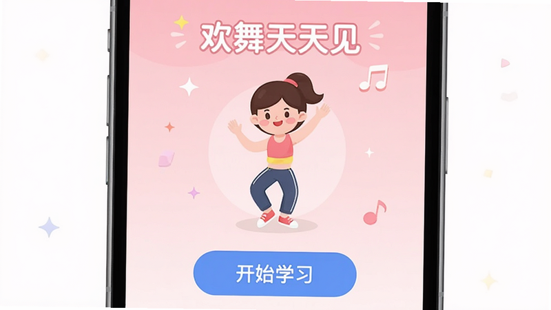 主体为欢舞天天见APP界面截图,布局居中,背景为淡粉色渐变,显示一个正在跳舞的卡通人物和“开始学习”按钮,风格扁平化,细节清晰,画质高清,干净,无多余元素,文字“欢舞天天见”清晰可见
