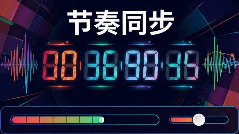 主体为节奏同步界面,布局底部有进度条和速度调节滑块,中间显示数字节拍跳动,风格动感活力,色彩鲜艳,细节丰富,画质清晰,干净,无多余元素,文字“节奏同步”清晰可见