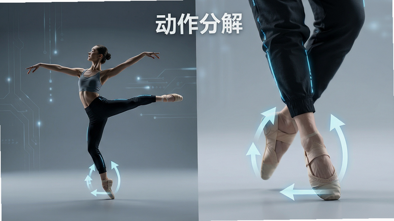 主体为舞蹈动作分解示意图,布局左右对比,左侧为正常速度,右侧为慢动作特写,标注箭头指示脚步方向,风格科技简约,细节精致,画质高,干净,无多余元素,文字“动作分解”清晰可见