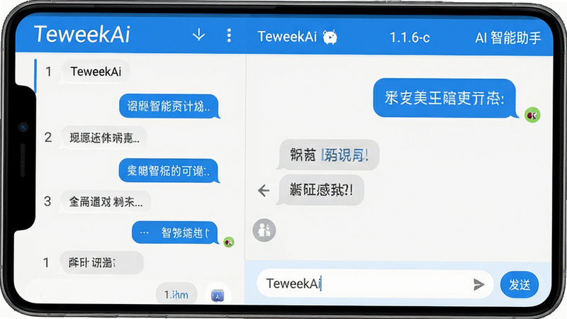Boogu-Image, 主体:TeweekAi 安卓应用界面全景,布局:左侧为简洁对话列表,右侧为当前对话窗口,顶部显示版本号 1.1.6-c,排版:现代扁平化设计,风格:科技蓝与白色为主色调,细节:屏幕显示清晰的中文对话气泡,底部有输入框和发送按钮,画质:4k高清,干净,无多余元素,文字: