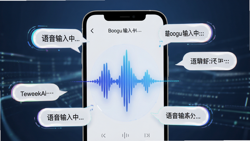 Boogu-Image, 主体:TeweekAi 语音交互场景,布局:手机屏幕中央显示声波动画,周围环绕着文字气泡,排版:动态视觉效果,风格:未来感科技风,细节:声波呈蓝色渐变,文字清晰可见,画质:高清,干净,无多余元素,文字: