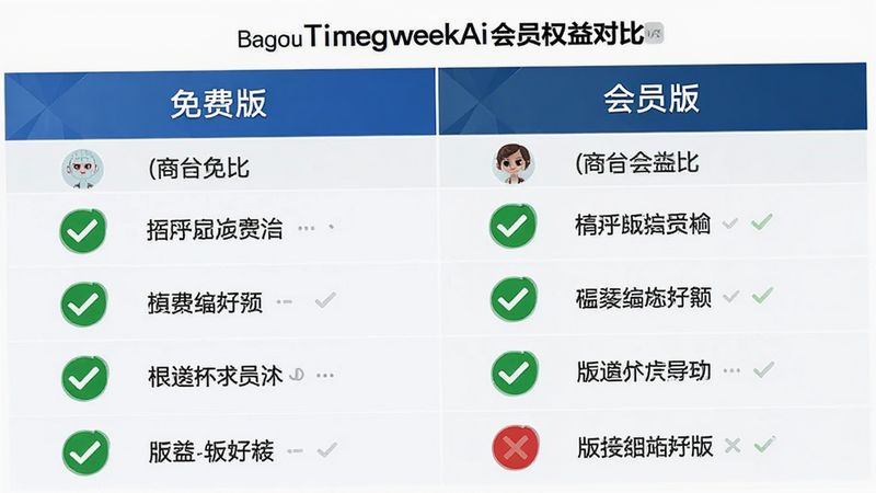Boogu-Image, 主体:TeweekAi 会员权益对比图,布局:两列对比,免费版 vs 会员版,排版:表格形式,风格:商务简洁风,细节:打勾和打叉图标清晰,画质:高清,干净,无多余元素,文字: