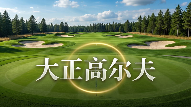 主体为一张高质量的高尔夫球场全景图,布局采用广角视角,前景是修剪整齐的绿色果岭,中景是蜿蜒的球道和沙坑,背景是蓝天白云和远处的松树林。排版上,画面中央偏下位置悬浮着半透明的“大正高尔夫”白色艺术字体,周围有淡淡的金色光晕装饰。风格为写实摄影风结合现代UI设计,细节处展现草叶的纹理和沙坑的颗粒感,画质为8K超高清,干净无多余元素,色彩明亮清新。