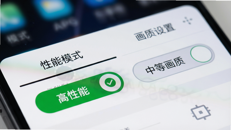 主体是手机设置界面的特写,布局聚焦在“性能模式”和“画质设置”两个选项卡上,背景虚化。排版上,高亮显示“高性能”和“中等画质”两个开关按钮,旁边有绿色的对勾标识。风格为简洁的移动端UI设计,细节处突出按钮的点击反馈效果,画质清晰,无多余图标,色彩以白色和浅灰为主。