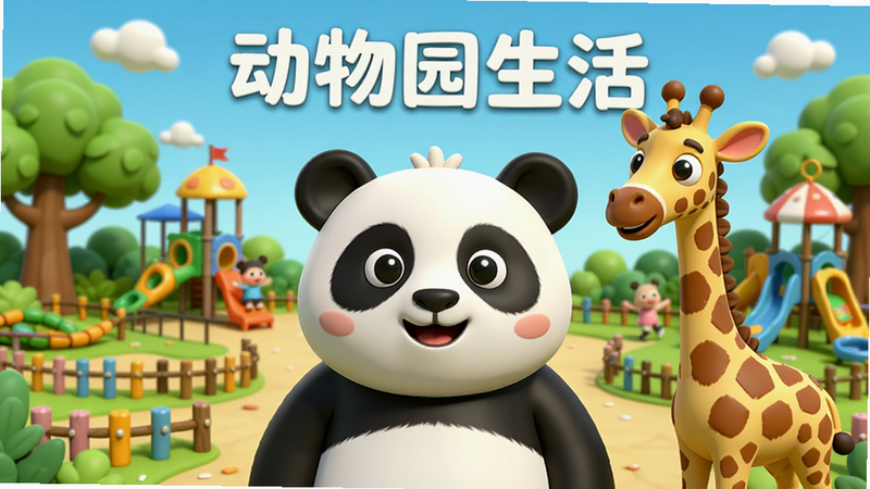 主体为一只卡通风格的大熊猫和长颈鹿,背景是色彩斑斓的动物园全景,包含树木、栅栏和游乐设施,布局采用中心对称构图,排版整洁,风格为3D卡通渲染,细节丰富,画质高清,干净无多余元素,文字“动物园生活”置于顶部