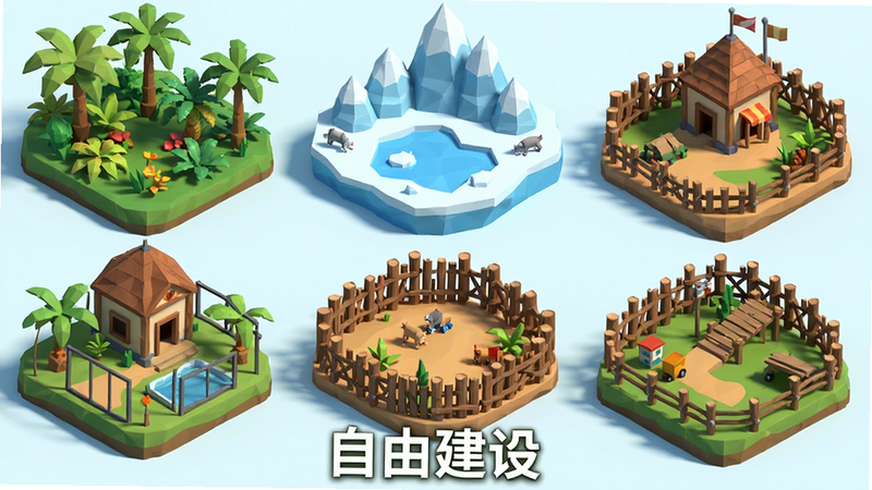 主体为多个不同主题的动物园建筑模块,包括热带植物、冰雪景观和木制围栏,布局呈网格状展示,排版有序,风格为低多边形3D艺术,细节精致,画质清晰,干净,无多余元素,文字“自由建设”置于底部