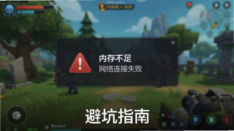 主体为游戏内的错误提示弹窗界面,显示“内存不足”或“网络连接失败”的警告图标,背景为模糊的游戏场景,布局居中,排版简洁,风格为UI设计,细节清晰,画质高,干净,无多余元素,文字“避坑指南”置于底部
