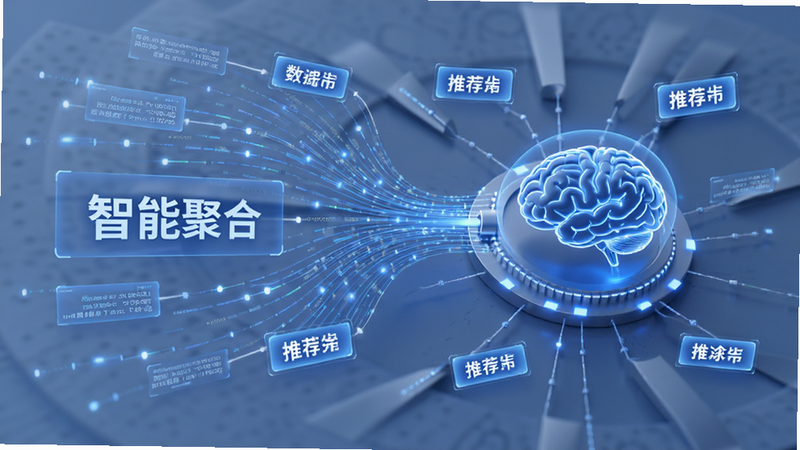 主体为信源通智能推荐引擎示意图,布局为左侧数据流汇入右侧大脑图标,排版呈放射状结构,风格为未来科技感,细节包含流动的数据线条、高亮的推荐标签、柔和的蓝色光晕,文字显示“智能聚合”,画质精细,干净,无多余元素