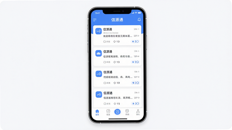 主体为信源通APP界面全景图,布局采用居中卡片式设计,排版清晰整洁,风格为现代扁平化科技风,细节包含顶部状态栏、中间信息流列表、底部导航栏,文字显示“信源通”,画质高清,干净,无多余元素