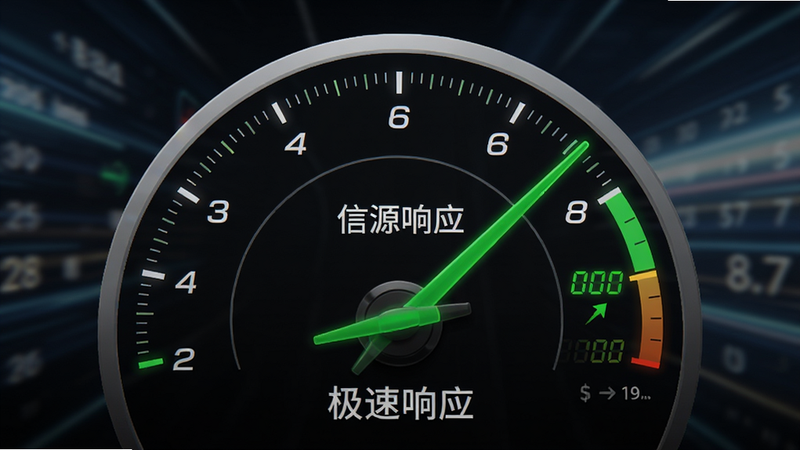 主体为信源通性能仪表盘界面,布局为半圆形速度表位于中央,排版简洁直观,风格为动感的速度感设计,细节包含绿色指针指向高速区、数字跳动效果、背景虚化,文字显示“极速响应”,画质锐利,干净,无多余元素