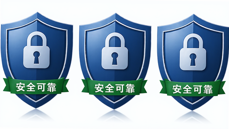 主体为信源通安全认证徽章,布局为三个并列的盾牌图标,排版整齐对称,风格为权威庄重的商务蓝,细节包含锁形图标、绿色认证标、柔和的光泽效果,文字显示“安全可靠”,画质高清,干净,无多余元素