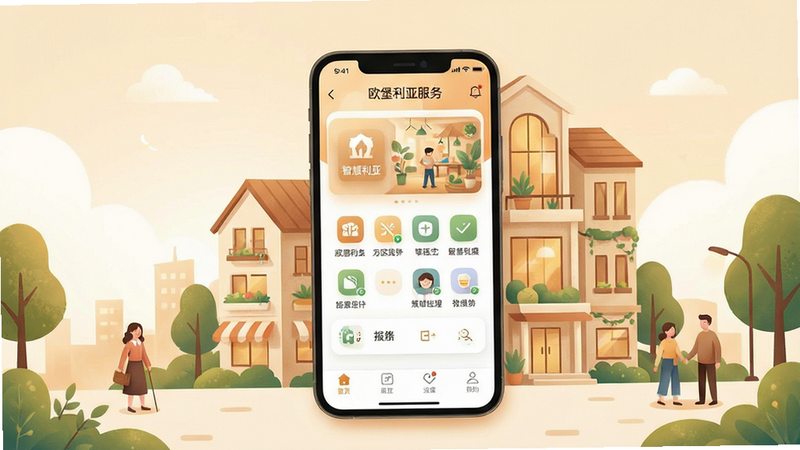 一张描绘智慧社区生活场景的插画,主体为手机APP界面与社区建筑结合,布局和谐,排版美观,风格温馨科技感,细节展示服务图标,画质精致,干净,无多余元素,包含文字