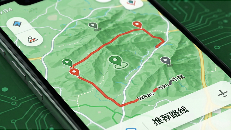 主体为手机地图界面特写,显示绿色山水地图,布局上有红色路线轨迹,排版简洁,风格科技感与自然融合,细节包含定位图标和景点标记,文字标注“推荐路线”,高清,干净