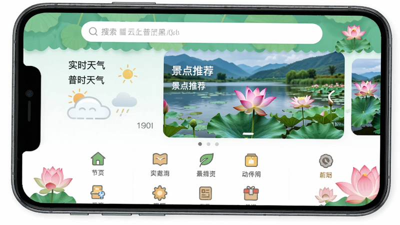 主体为手机屏幕界面,显示“云上普者黑”APP首页,布局清晰分为顶部搜索栏、中部轮播图展示荷花湖景、底部功能图标网格,排版采用扁平化设计,风格清新自然,细节包含荷花元素点缀,文字包括“普者黑首页”、“实时天气”、“景点推荐”,高清画质,干净无多余元素
