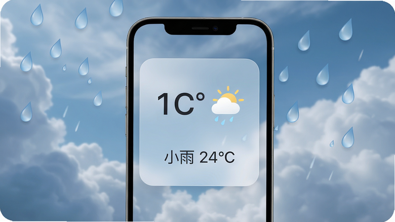 主体为手机天气模块界面,背景为动态云层,布局中心显示温度与天气图标,排版现代简约,风格柔和,细节包含雨滴动画效果,文字显示“小雨 24℃”,高清,干净