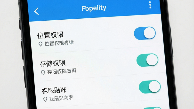 主体为手机设置界面,显示权限管理列表,布局为列表形式,排版清晰,风格扁平,细节包含开关按钮状态,文字包括“位置权限”、“存储权限”,高清,干净