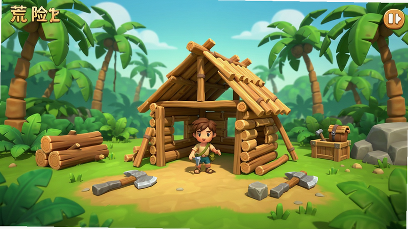 荒岛求生历险记游戏主界面全景,热带雨林背景,中央显示角色正在搭建木屋,周围散布着石斧、木材等道具,画面明亮清新,卡通渲染风格,无多余文字,高清画质