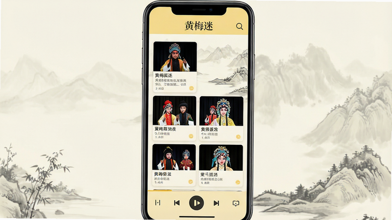 一张高清手机应用界面展示图,主体为“黄梅迷”APP首页,顶部显示软件名称“黄梅迷”,中间区域展示多个戏曲选段卡片,背景为淡雅的水墨风格,底部有播放控制条,整体布局整洁,色彩以米白和淡黄为主,画质清晰,无多余杂乱元素