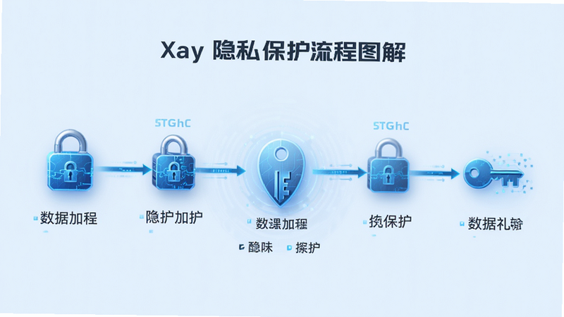 XSay隐私保护流程图解,主体为数据加密过程,背景为淡蓝色,布局线性流程,排版清晰,风格科技感,细节包含锁与钥匙图标,画质高清,干净无多余元素