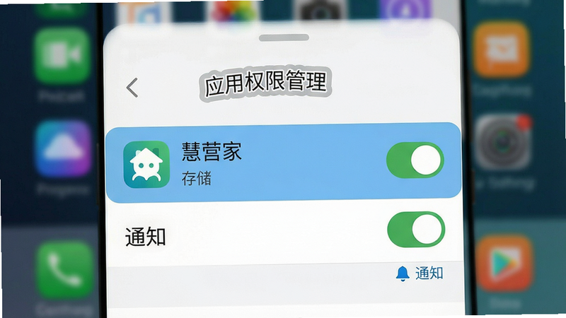 一张展示手机设置界面的模拟图,主体为“应用权限管理”页面,高亮显示“慧营家”应用的“存储”和“通知”权限已开启,背景为模糊的手机桌面,文字清晰,风格扁平化,细节准确,画质高清,干净无干扰