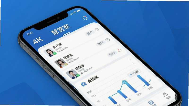 一张展示“慧营家”APP界面的高清UI设计图,主体为手机屏幕,显示清晰的客户列表和业绩图表,背景为简洁的商务蓝色调,布局整齐,文字清晰可见“慧营家”,风格现代简约,细节精致,画质4k,干净无多余元素