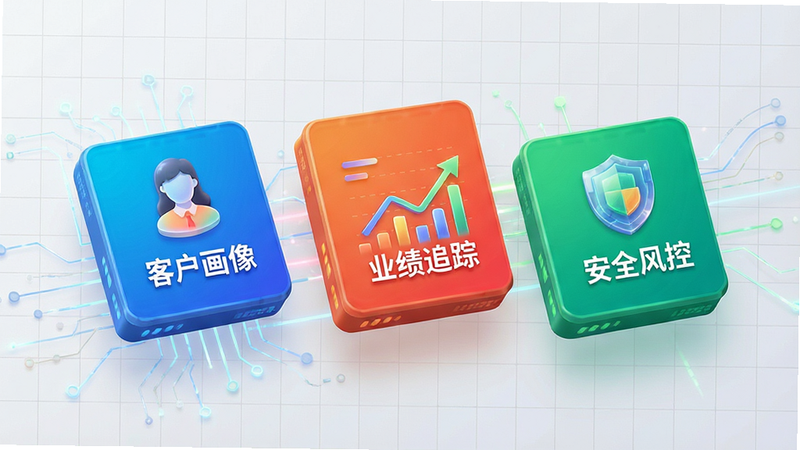 一张“慧营家”APP功能模块展示图,主体为三个悬浮的卡片,分别标注“客户画像”、“业绩追踪”、“安全风控”,背景为浅灰色网格,卡片设计立体感强,色彩鲜明,文字清晰,风格科技感,细节丰富,画质高清,干净