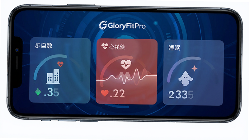 一张荣耀运动健康应用的全屏界面展示图,主体为手机屏幕,显示首页仪表盘,包含步数、心率、睡眠三个核心数据卡片,背景为深蓝色渐变科技风,布局整洁,文字清晰可见“GloryFitPro”Logo,高清写实风格,无多余装饰元素