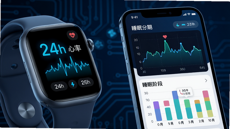 展示健康监测功能的概念图,左侧为智能手表特写,右侧为手机端详细的心率波动曲线图和睡眠阶段柱状图,界面简洁现代,高亮显示“24h 心率”和“睡眠分期”文字,科技感蓝色调,高分辨率