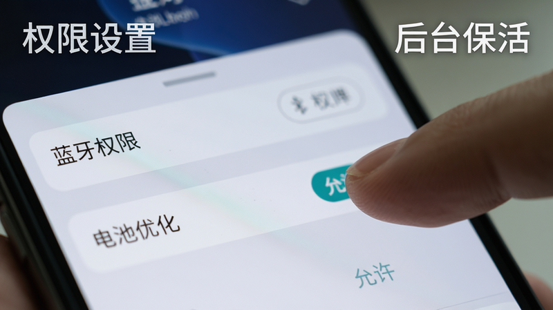 手机设置界面的特写,高亮显示“蓝牙权限”和“电池优化”设置项,手指正在点击“允许”按钮,背景虚化,界面清晰,文字标注“权限设置”和“后台保活”,写实风格,高细节