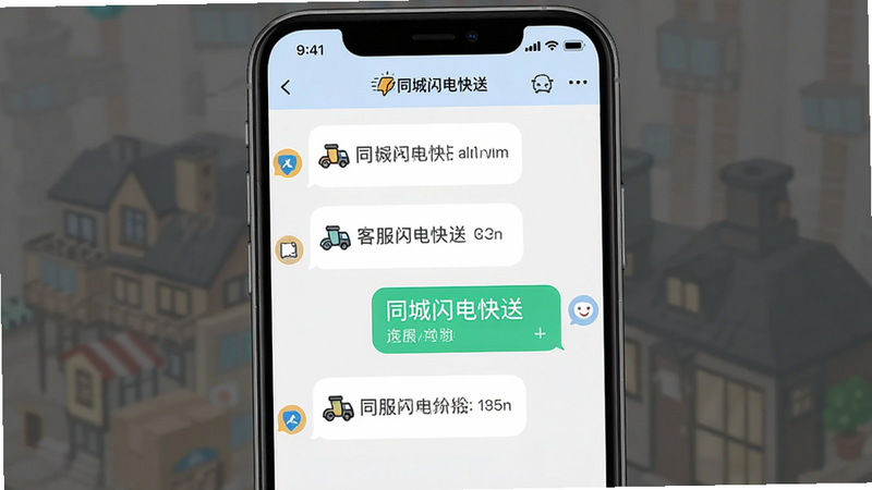 客服对话界面示意图,主体为“同城闪电快送”App的聊天窗口,布局左右气泡对话,排版整齐,风格友好亲切,细节展示客服回复图标,画质清晰,干净无多余元素