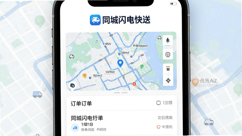 一张高质量的应用程序界面展示图,主体为“同城闪电快送”App的首页截图,布局清晰,顶部显示“同城闪电快送”文字Logo,中间区域展示实时的地图界面和订单列表,排版整洁有序,风格现代简约,细节处体现蓝色科技色调,画质清晰干净,无多余元素