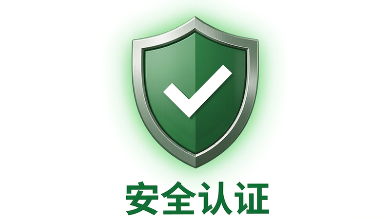 主体为一个绿色的盾牌图标,上面带有白色的对勾,背景是纯净的白色,盾牌周围环绕着淡淡的绿色光晕,布局中心对称,排版简洁有力,风格为扁平化安全标识设计,细节展现盾牌的金属质感,画质高保真,干净无杂乱元素,文字“安全认证”以绿色字体显示在下方