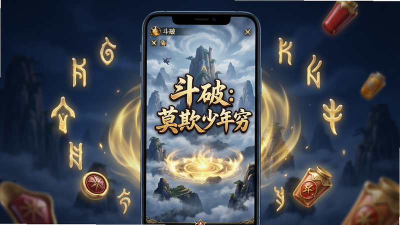 主体为一部竖屏智能手机,屏幕中央显示“斗破:莫欺少年穷”游戏主界面,背景是云雾缭绕的玄幻山峰与金色斗气特效,手机周围环绕着漂浮的斗气符文和丹药元素,整体布局居中对称,采用深蓝色与金色为主色调,写实3D渲染风格,细节丰富,光影效果逼真,8k高清画质,干净无多余元素,文字清晰可见