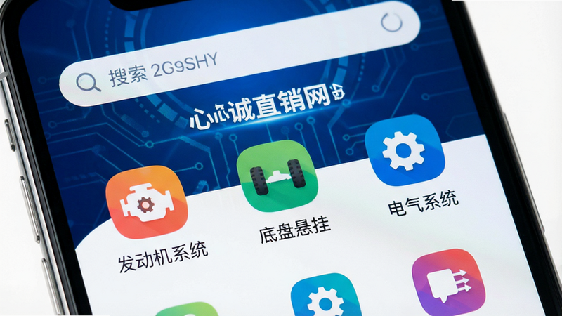 一张高清智能手机屏幕特写,屏幕中央显示“心诚直销网”APP主界面,背景为深蓝色科技渐变,界面顶部有搜索栏,下方整齐排列着“发动机系统”、“底盘悬挂”、“电气系统”等分类图标,图标设计扁平化且色彩鲜明,整体风格现代简约,无多余水印,画质清晰,分辨率高