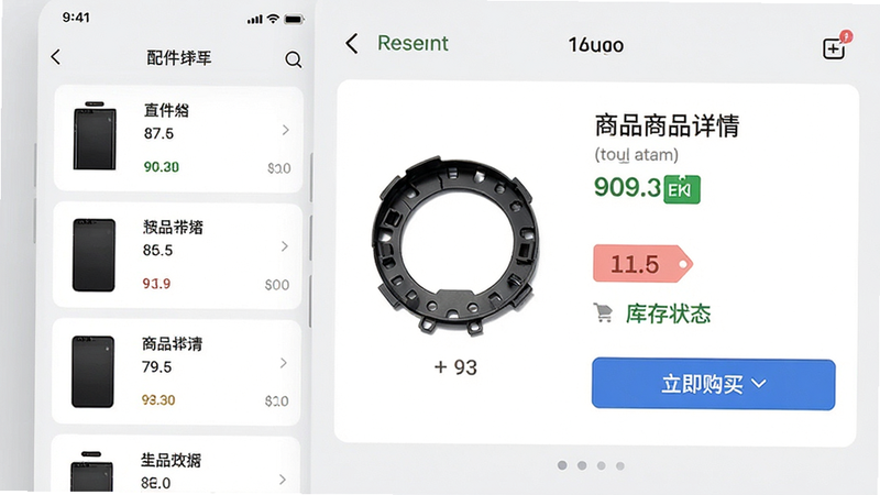 手机APP界面展示,左侧为配件列表,右侧为详细的商品详情页,包含高清配件实物图、价格标签、库存状态及“立即购买”按钮,界面布局清晰,文字清晰可读,背景为浅灰色,突出核心信息,风格商务且专业,无杂乱元素,高清渲染