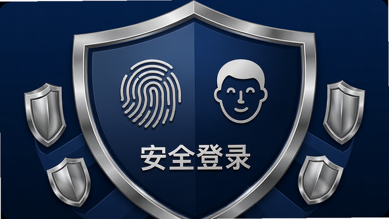 主体为翼启航APP的安全登录界面,背景为深蓝色,中央有一个指纹图标和人脸图标,下方有