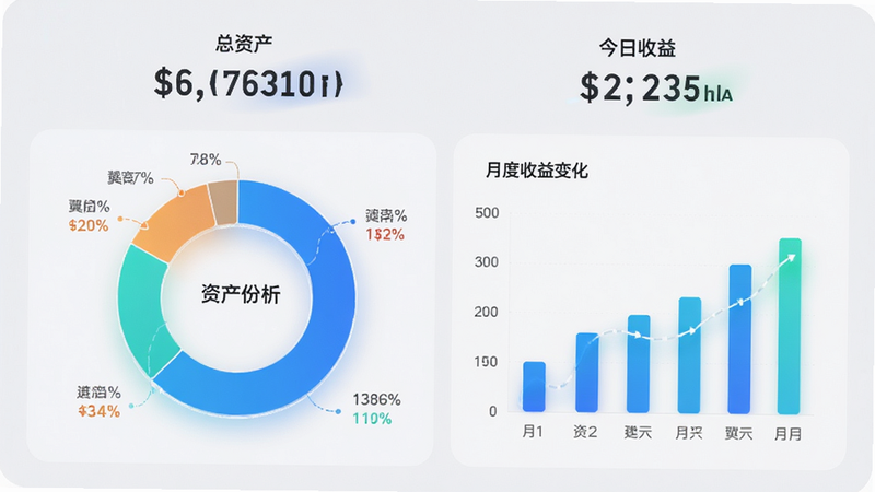 主体为翼启航APP的资产分析页面,背景为浅灰色,中央有一个环形图展示资产构成,旁边有柱状图展示月度收益变化,顶部显示