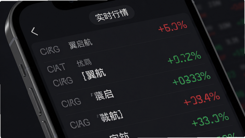 主体为手机屏幕界面,展示翼启航APP的实时行情列表,背景为深色模式,左侧为股票代码和名称,右侧为红色或绿色的价格变动百分比,顶部有