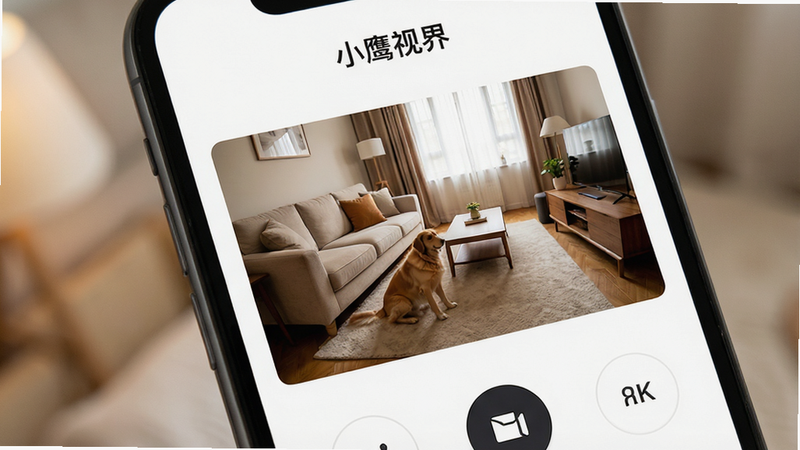 一张高清晰度的智能手机屏幕特写,屏幕上显示着“小鹰视界”APP界面,界面中央是一个温馨的客厅监控画面,画面中有宠物和家具,周围是简洁的白色UI背景,顶部有APP名称“小鹰视界”,底部有清晰的控制按钮,整体风格现代简约,光线柔和,细节清晰,8k分辨率,无多余杂乱元素