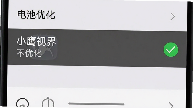 手机设置界面的截图风格图,显示“电池优化”列表,其中“小鹰视界”被标记为“不优化”,旁边有一个绿色的对勾,背景简洁,重点突出设置项,无其他干扰文字,清晰易读