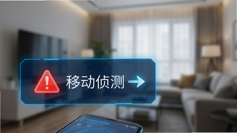 手机屏幕界面,背景为模糊的室内环境,前景有一个红色的警报图标和文字“移动侦测”,旁边有一个简单的箭头指示移动方向,界面科技感强,蓝色调为主,清晰展示智能识别功能,无杂乱背景