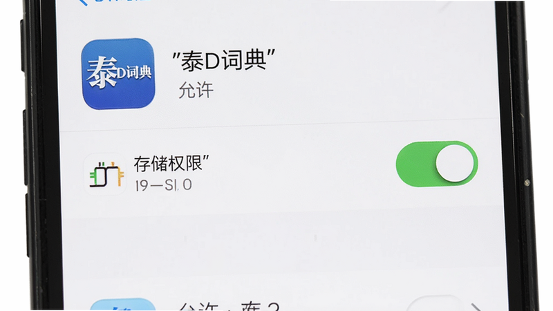 主体为手机设置界面,布局为权限管理列表,排版为垂直列表,风格简洁,细节显示“泰D词典”应用图标及“允许”状态的存储权限开关,画质清晰,干净,无多余元素,文字加引号