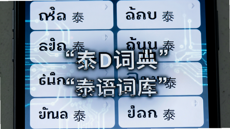 主体为手机屏幕特写,布局展示泰语词汇列表,排版为双列网格,风格科技感,细节显示多个泰语单词及对应中文,画质清晰,干净,无多余元素,文字加引号