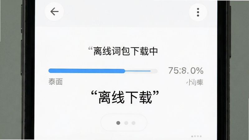 主体为手机离线下载界面,布局为进度条显示,排版为居中,风格极简,细节显示“离线词包下载中”字样及进度百分比,画质清晰,干净,无多余元素,文字加引号