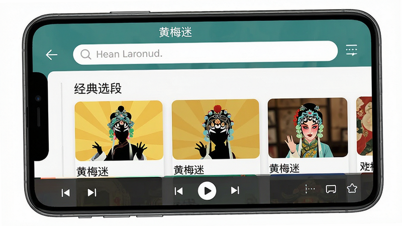 主体为手机屏幕界面,展示“黄梅迷”APP首页,布局清晰,顶部为搜索栏,中部为“经典选段”推荐卡片,底部为播放控制条,风格为现代简约UI,细节包含黄梅戏人物剪影图标,画质高清,干净,无多余元素,文字“黄梅迷”清晰可见
