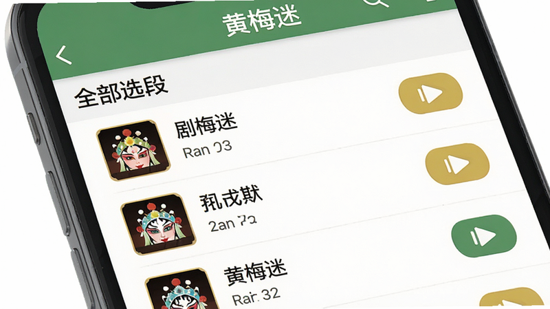 主体为手机界面特写,展示“黄梅迷”APP内的“全部选段”列表页,布局为垂直列表,每行显示剧名、时长及播放按钮,风格为扁平化设计,细节包含戏曲折子戏图标,画质清晰,干净,无多余元素,文字“黄梅迷”在顶部