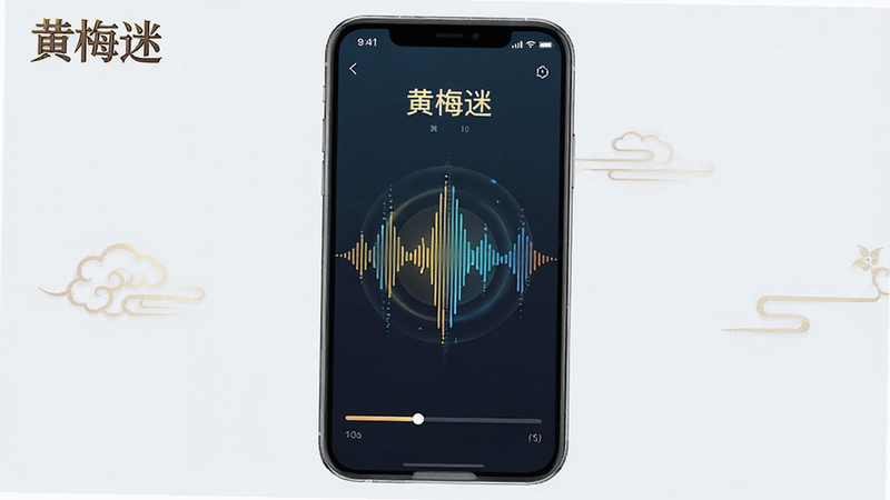 主体为手机播放界面,展示“黄梅迷”APP的音频波形图,布局居中,上方显示当前播放剧目名称,下方为进度条,风格为科技感与传统文化结合,细节包含声波律动效果,画质精致,干净,无多余元素,文字“黄梅迷”在左上角