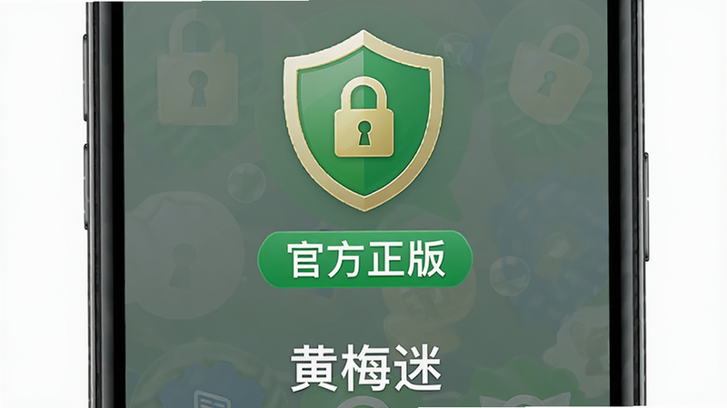 主体为手机界面,展示“黄梅迷”APP的安全认证标识,布局居中,上方为绿色盾牌图标,下方为“官方正版”字样,风格为信任感设计,细节包含锁形图标,画质高清,干净,无多余元素,文字“黄梅迷”在底部