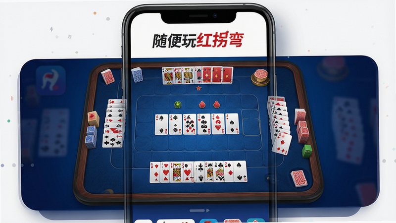 画面主体为“随便玩红拐弯”APP的高清界面展示,布局采用居中对称设计,顶部显示清晰的“随便玩红拐弯”应用名称,中间区域展示精美的红拐弯牌局桌面,牌面细节清晰可见,背景为深蓝色渐变以突出牌面质感,风格为现代扁平化与写实结合,细节丰富,画质4k,干净无多余元素