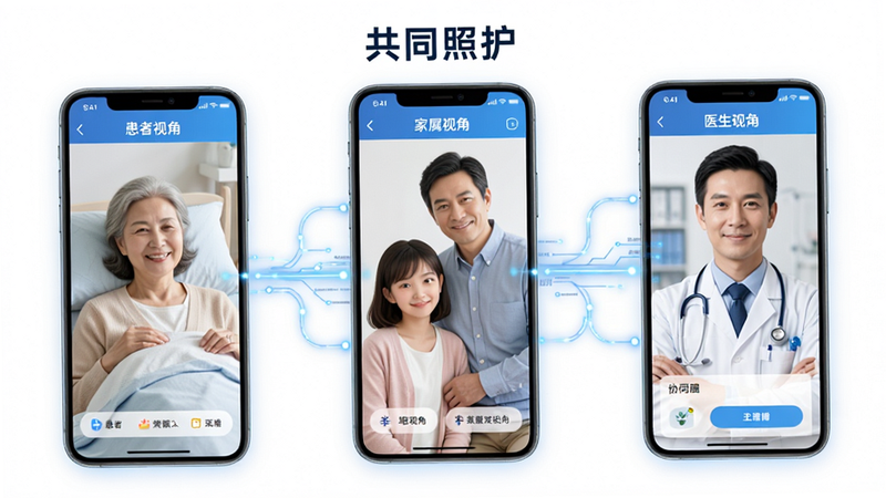 չʾ����ͬ�ջ���APP�Ķ��ɫЭͬ���ܽ��棬���Ϊ�����ӽǣ��м�Ϊ�����ӽǣ��Ҳ�Ϊҽ���ӽǣ������ֻ���Ļ���У�ͨ���������ӣ�����Ϊ��ɫ��ͻ�����ݹ�����Эͬ�����ĸ�����Ƽ���ǿ��������ע����ͬ�ջ�������������
